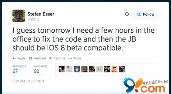 树人发推特 暗示iOS 8是否可以越狱？